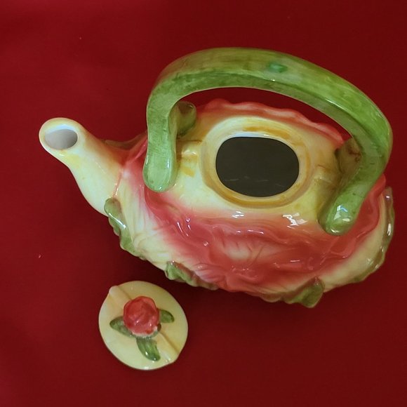 Ceramic Pink Flower and Leaves Tea Pot with Lid - Picture 11 of 13